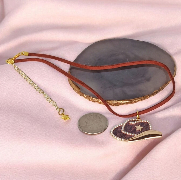 Faux Leather Cord Cowboy Hat Charm Choker Necklace Cowgirl Western Southwestern - Picture 5 of 12